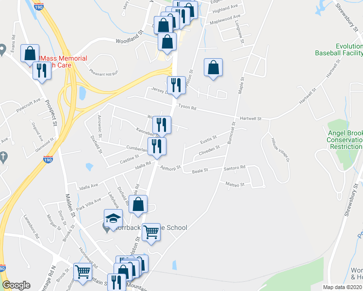 map of restaurants, bars, coffee shops, grocery stores, and more near 55 Darrow Street in Worcester