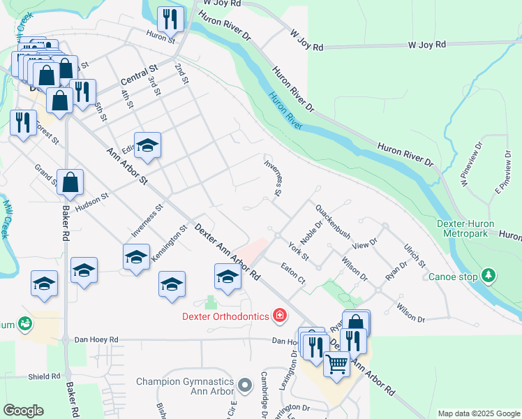 map of restaurants, bars, coffee shops, grocery stores, and more near 7503 Lake Street in Dexter