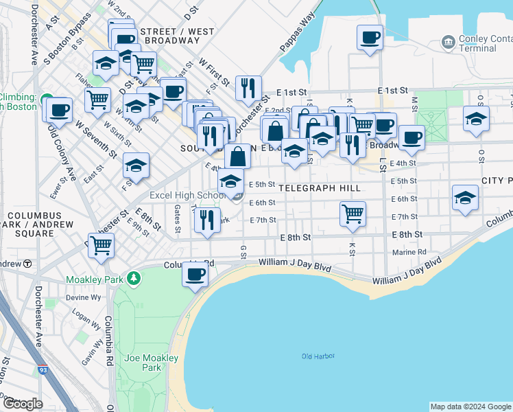map of restaurants, bars, coffee shops, grocery stores, and more near 429 East 6th Street in Boston
