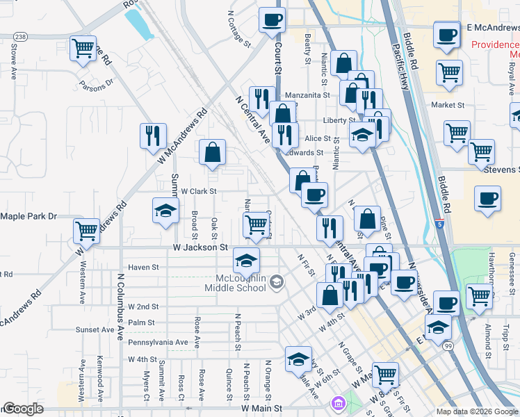 map of restaurants, bars, coffee shops, grocery stores, and more near 210 Bliss Street in Medford