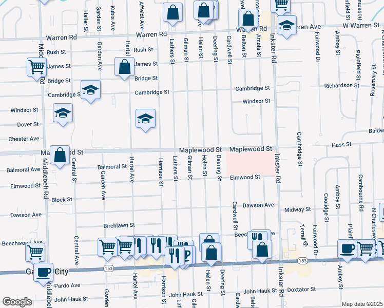 map of restaurants, bars, coffee shops, grocery stores, and more near 28183 Maplewood Street in Garden City
