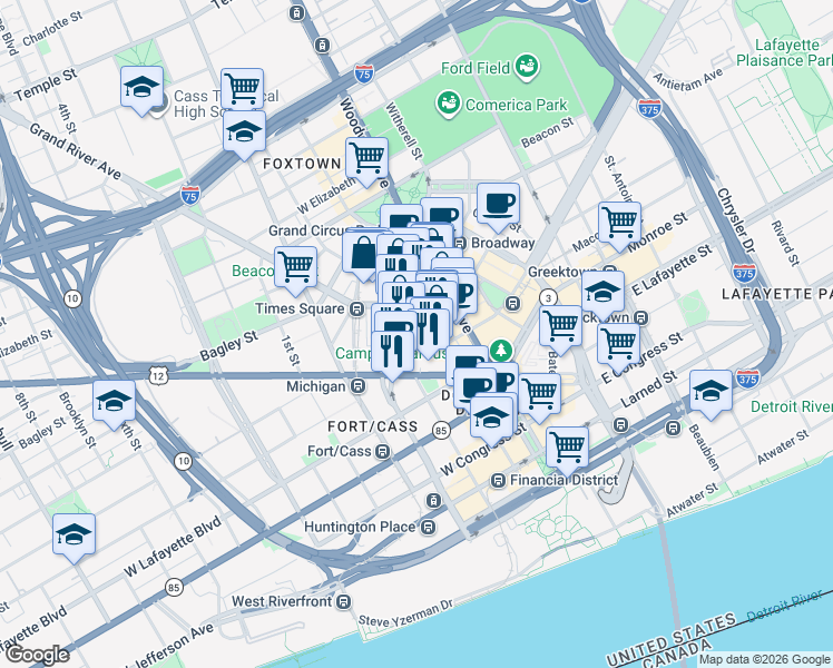map of restaurants, bars, coffee shops, grocery stores, and more near 1215 Griswold Street in Detroit