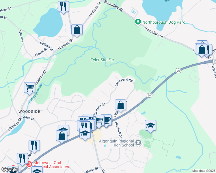 map of restaurants, bars, coffee shops, grocery stores, and more near 9 Milestone Ln in Northborough