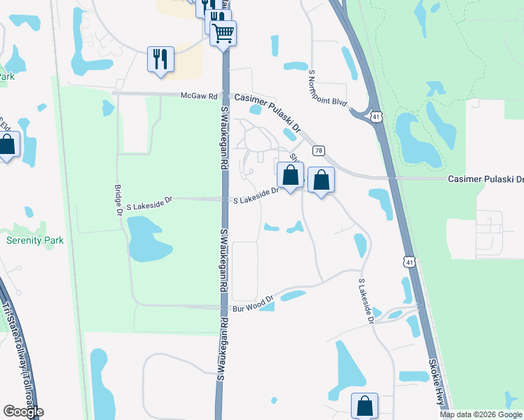 map of restaurants, bars, coffee shops, grocery stores, and more near South White Oak Drive in Waukegan