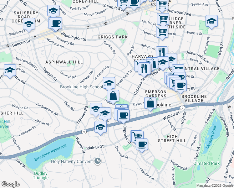 map of restaurants, bars, coffee shops, grocery stores, and more near 185 Davis Avenue in Brookline