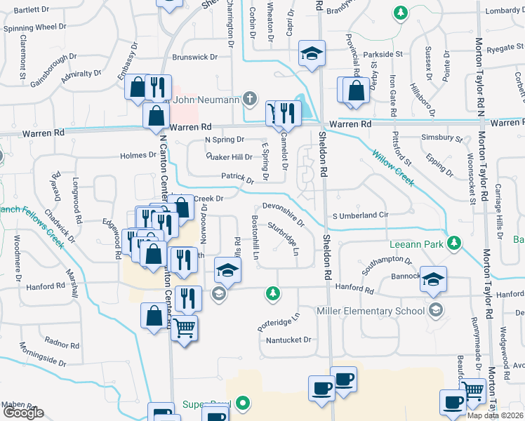 map of restaurants, bars, coffee shops, grocery stores, and more near 6871 Devonshire Drive in Canton