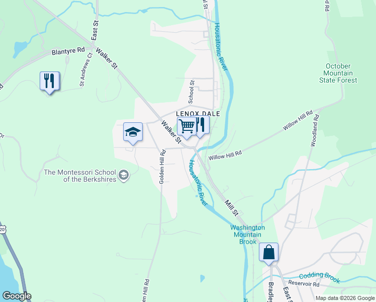 map of restaurants, bars, coffee shops, grocery stores, and more near 196-198 Mill Street in Lenox
