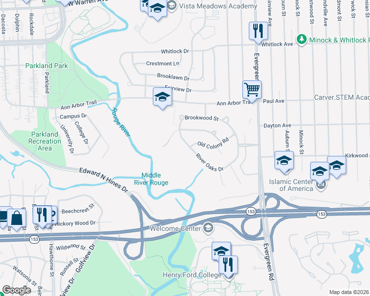 map of restaurants, bars, coffee shops, grocery stores, and more near 20516 River Oaks Drive in Dearborn Heights