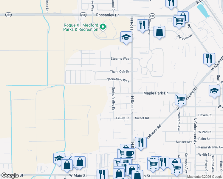 map of restaurants, bars, coffee shops, grocery stores, and more near 747 Spring Valley Drive in Medford