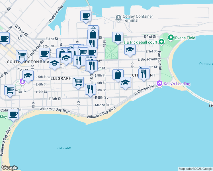 map of restaurants, bars, coffee shops, grocery stores, and more near 697 East 6th Street in Boston