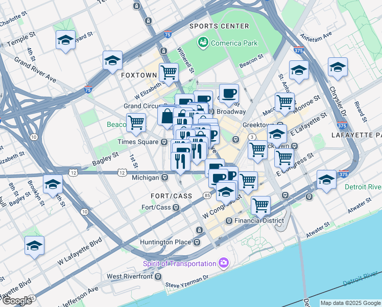 map of restaurants, bars, coffee shops, grocery stores, and more near in Detroit