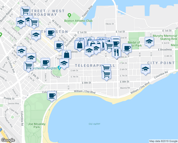 map of restaurants, bars, coffee shops, grocery stores, and more near 505 East 6th Street in Boston