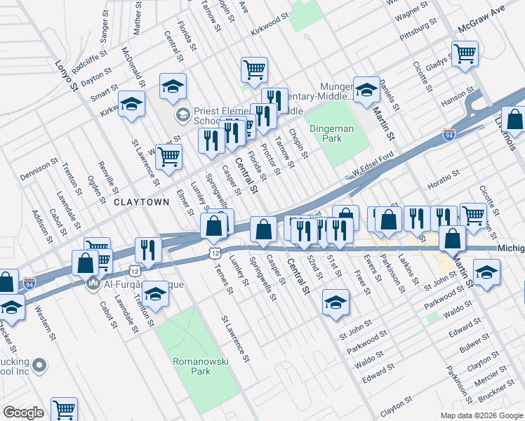 map of restaurants, bars, coffee shops, grocery stores, and more near 5047 Central Avenue in Detroit