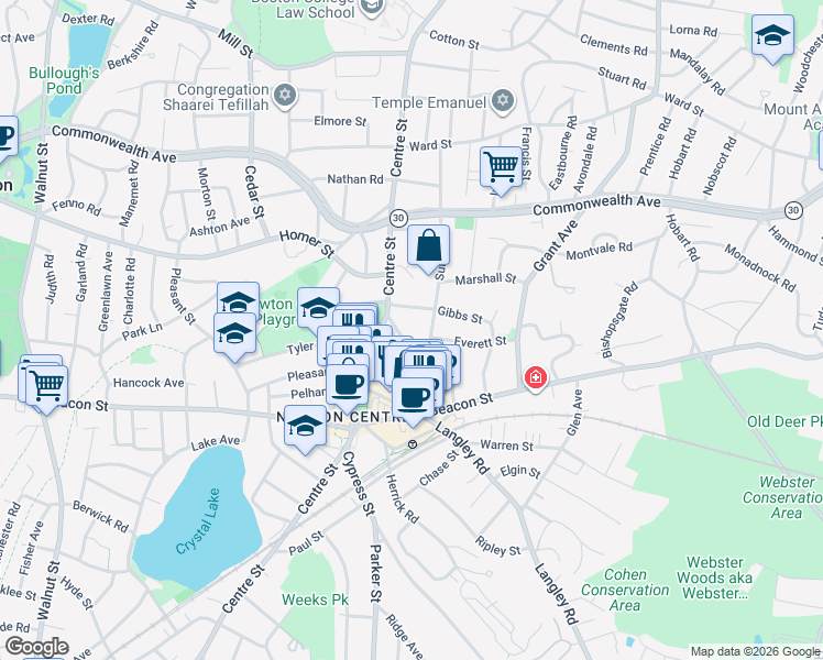 map of restaurants, bars, coffee shops, grocery stores, and more near 14 Willow Street in Newton