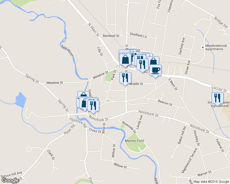 map of restaurants, bars, coffee shops, grocery stores, and more near 24 West Center Street in Northampton