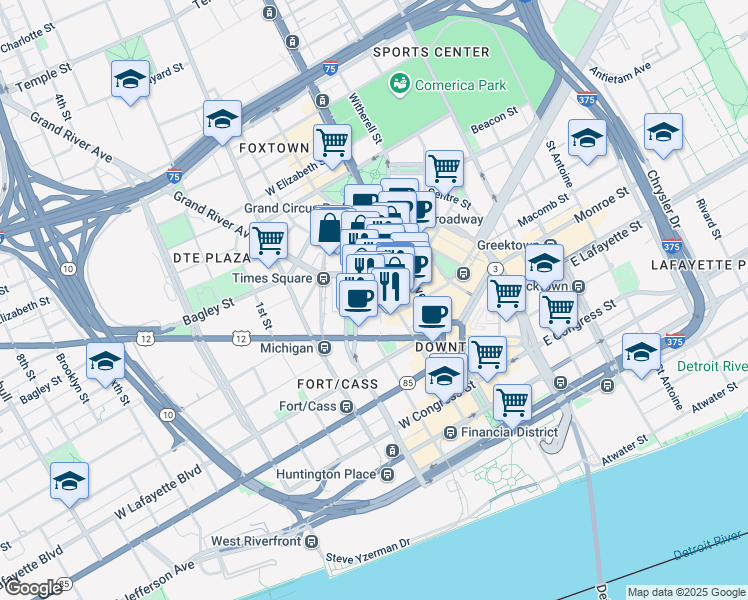 map of restaurants, bars, coffee shops, grocery stores, and more near 1215 Griswold Street in Detroit