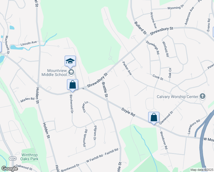map of restaurants, bars, coffee shops, grocery stores, and more near 24 Brattle Street in Holden