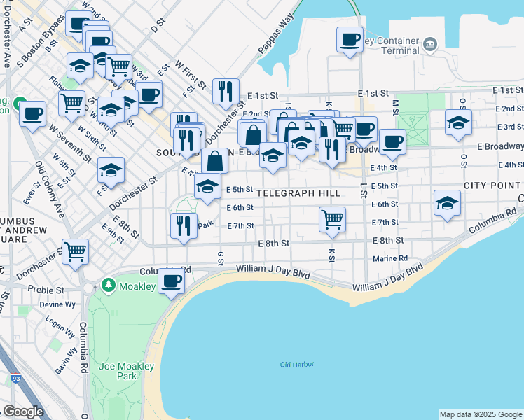map of restaurants, bars, coffee shops, grocery stores, and more near 145 H Street in Boston