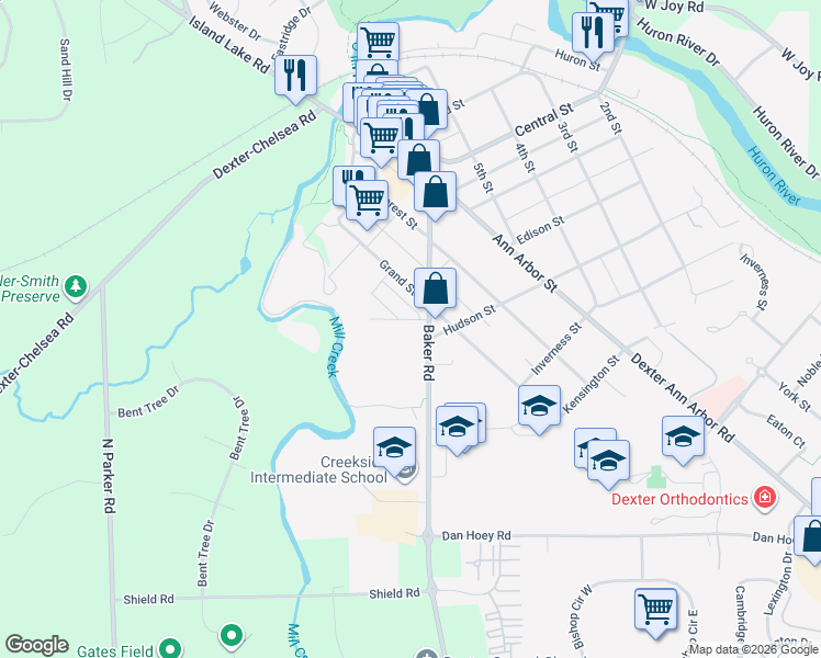 map of restaurants, bars, coffee shops, grocery stores, and more near 2937 Baker Road in Dexter