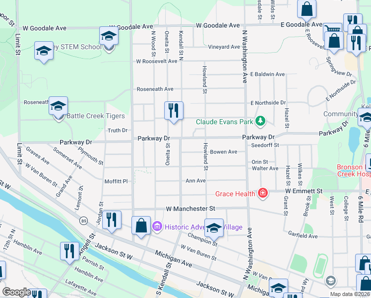 map of restaurants, bars, coffee shops, grocery stores, and more near 112 Bowen Avenue in Battle Creek