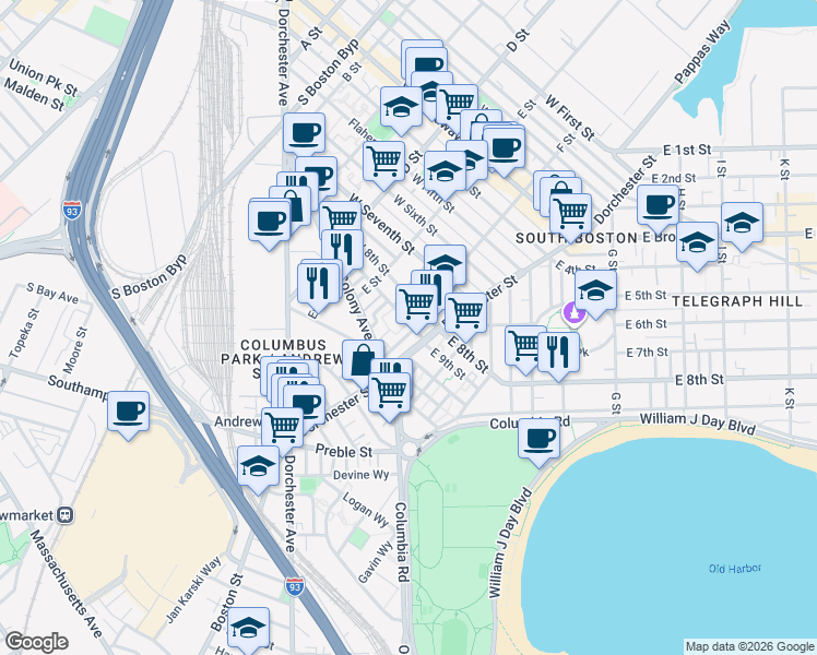 map of restaurants, bars, coffee shops, grocery stores, and more near 218 West 9th Street in Boston
