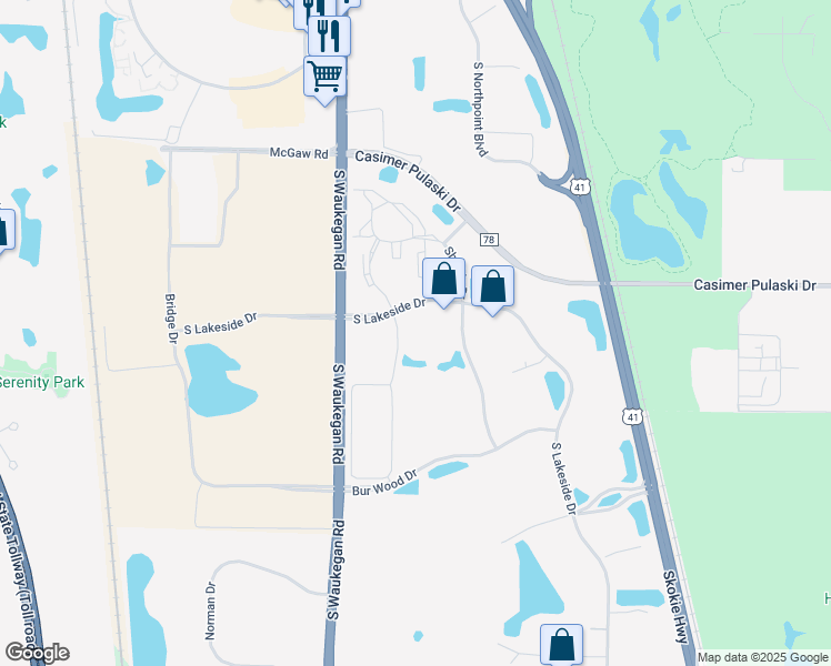 map of restaurants, bars, coffee shops, grocery stores, and more near 1501 South White Oak Drive in Waukegan