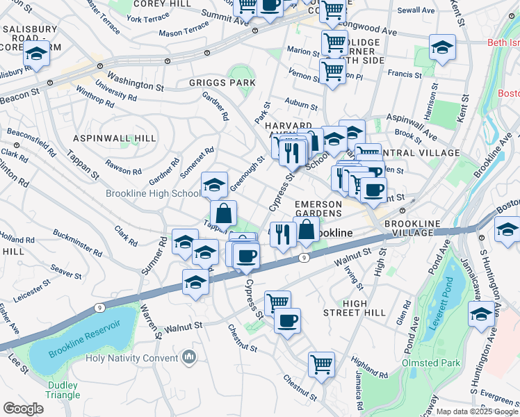 map of restaurants, bars, coffee shops, grocery stores, and more near 16 Gorham Avenue in Brookline