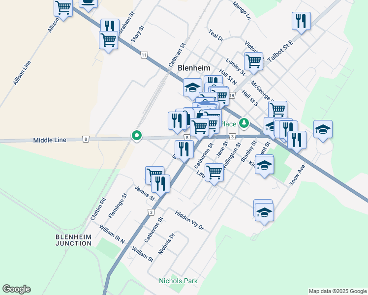 map of restaurants, bars, coffee shops, grocery stores, and more near 132 Ellen Street in Blenheim