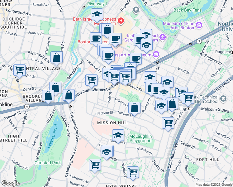 map of restaurants, bars, coffee shops, grocery stores, and more near 34 Calumet St in Boston