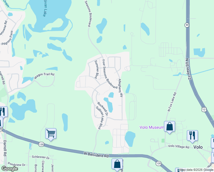 map of restaurants, bars, coffee shops, grocery stores, and more near 450 Sullivan Lake Boulevard in Lakemoor