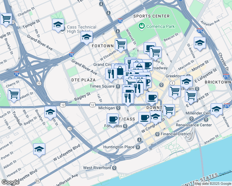 map of restaurants, bars, coffee shops, grocery stores, and more near 10 Times Square in Detroit