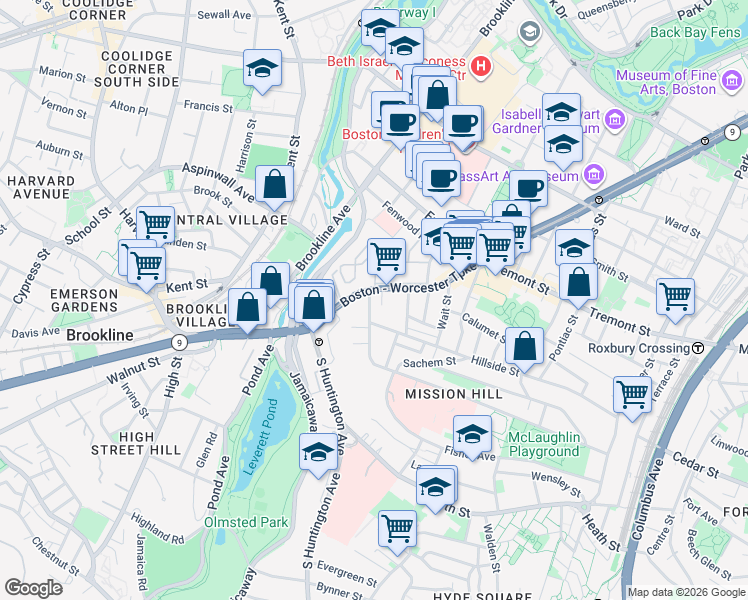 map of restaurants, bars, coffee shops, grocery stores, and more near 8 Parker Hill Avenue in Boston