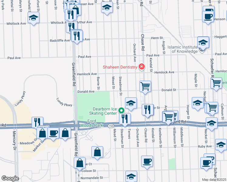 map of restaurants, bars, coffee shops, grocery stores, and more near 6000 Mead Street in Dearborn