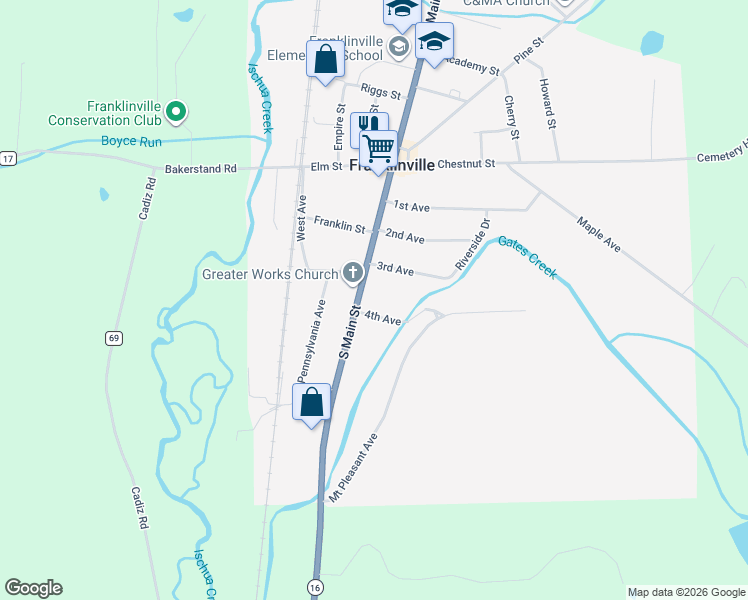 map of restaurants, bars, coffee shops, grocery stores, and more near 44 South Main Street in Franklinville