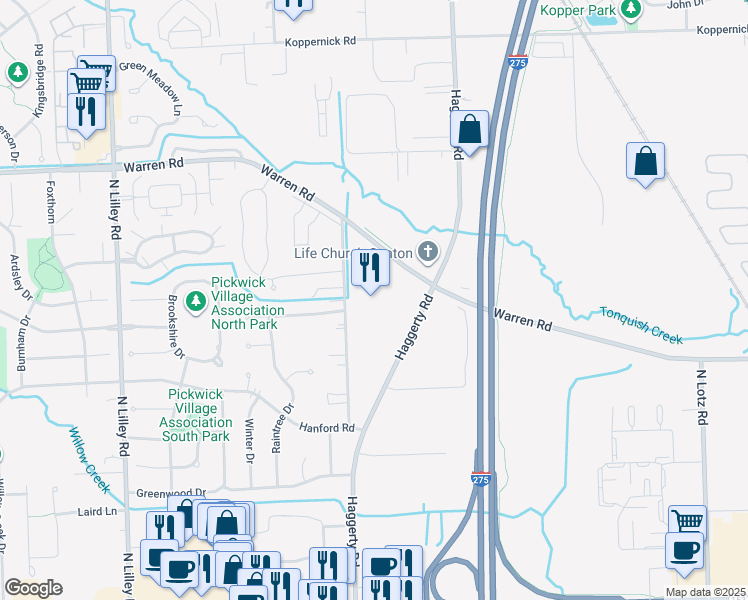 map of restaurants, bars, coffee shops, grocery stores, and more near 6801 North Haggerty Road in Canton