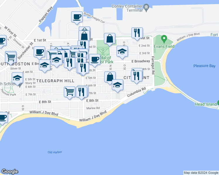 map of restaurants, bars, coffee shops, grocery stores, and more near 741 East 6th Street in Boston