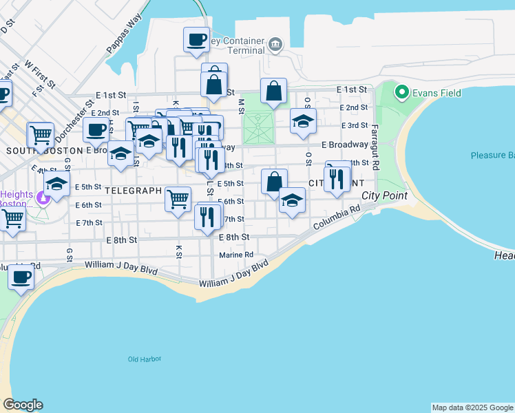 map of restaurants, bars, coffee shops, grocery stores, and more near 697 East 6th Street in Boston
