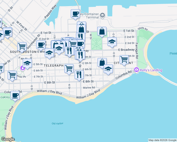 map of restaurants, bars, coffee shops, grocery stores, and more near 661 East 6th Street in Boston
