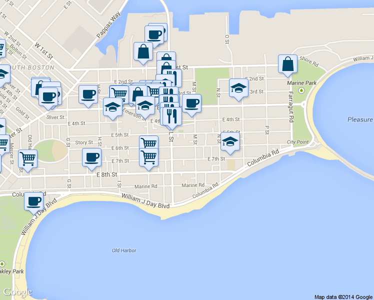 map of restaurants, bars, coffee shops, grocery stores, and more near 661 East 6th Street in Boston