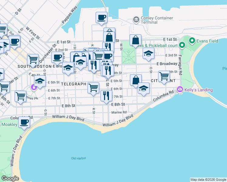 map of restaurants, bars, coffee shops, grocery stores, and more near 661 East 6th Street in Boston