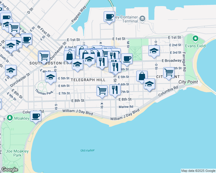 map of restaurants, bars, coffee shops, grocery stores, and more near 589 East 6th Street in Boston