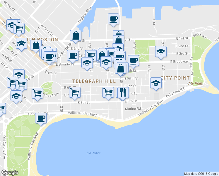 map of restaurants, bars, coffee shops, grocery stores, and more near 589 East 6th Street in Boston