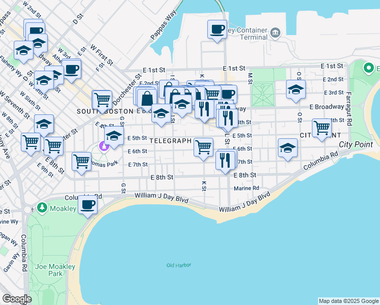 map of restaurants, bars, coffee shops, grocery stores, and more near 553 East 6th Street in Boston