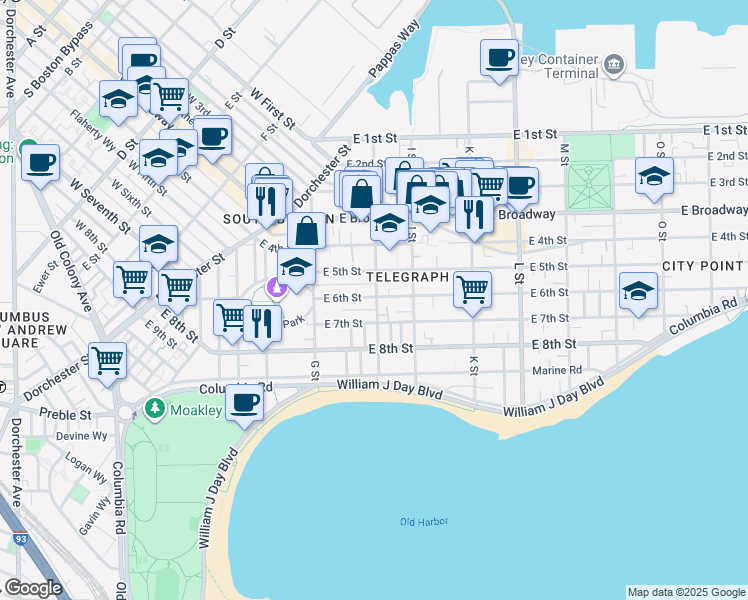 map of restaurants, bars, coffee shops, grocery stores, and more near 145 H Street in Boston