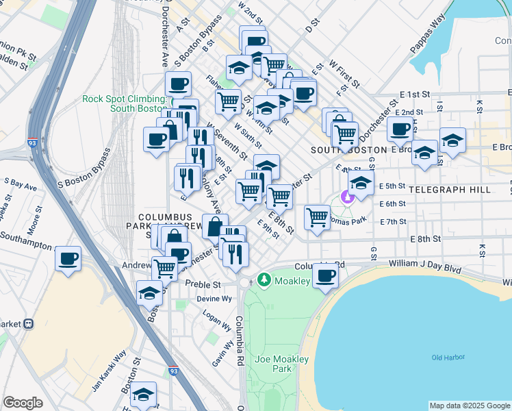 map of restaurants, bars, coffee shops, grocery stores, and more near 218 West 9th Street in Boston