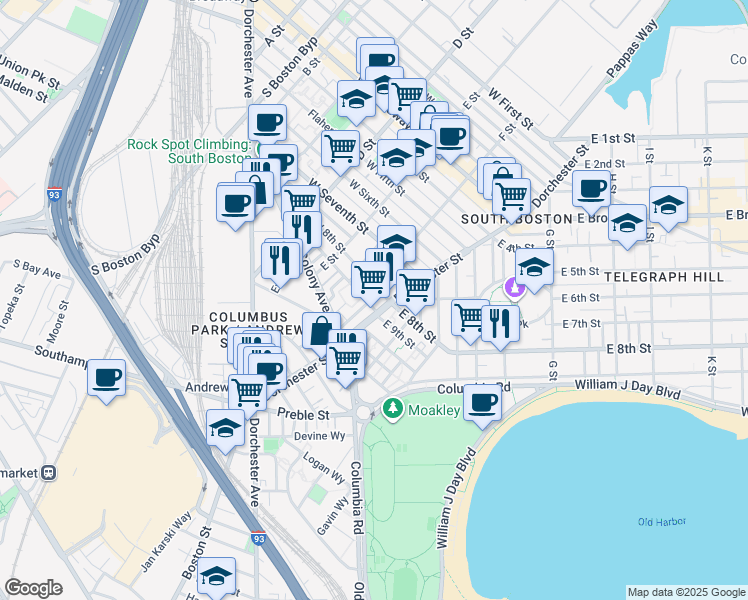 map of restaurants, bars, coffee shops, grocery stores, and more near 218 West 9th Street in Boston