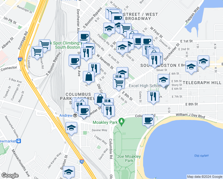 map of restaurants, bars, coffee shops, grocery stores, and more near 218 West 9th Street in Boston
