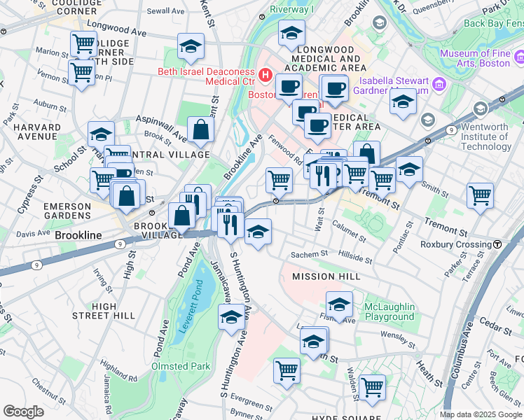 map of restaurants, bars, coffee shops, grocery stores, and more near 852 Huntington Avenue in Boston