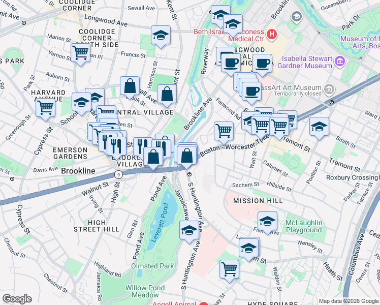 map of restaurants, bars, coffee shops, grocery stores, and more near 382 Riverway in Boston