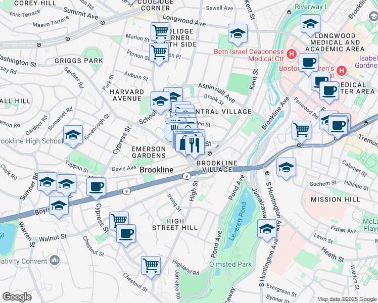 map of restaurants, bars, coffee shops, grocery stores, and more near 4 Station Street in Brookline